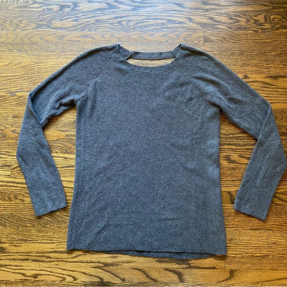 Athleta women’s fine ribbed sweater womens medium grey back cutout cashmere